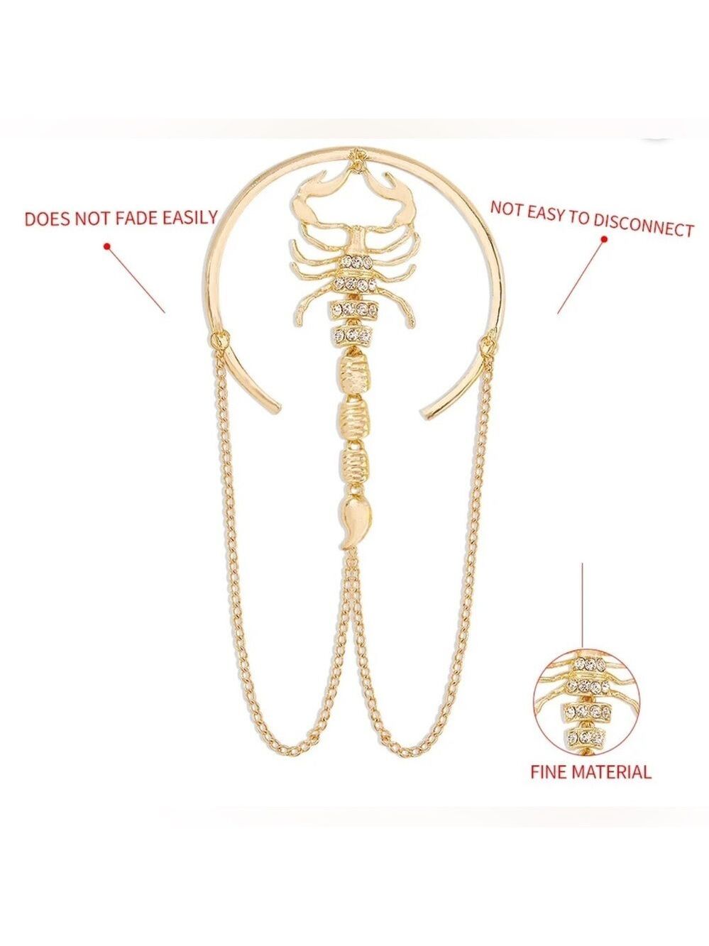 New Gold Scorpion Upper High Arm Cuff Bracelet w/ Rhinestone & Chain Accents - Picture 10 of 11